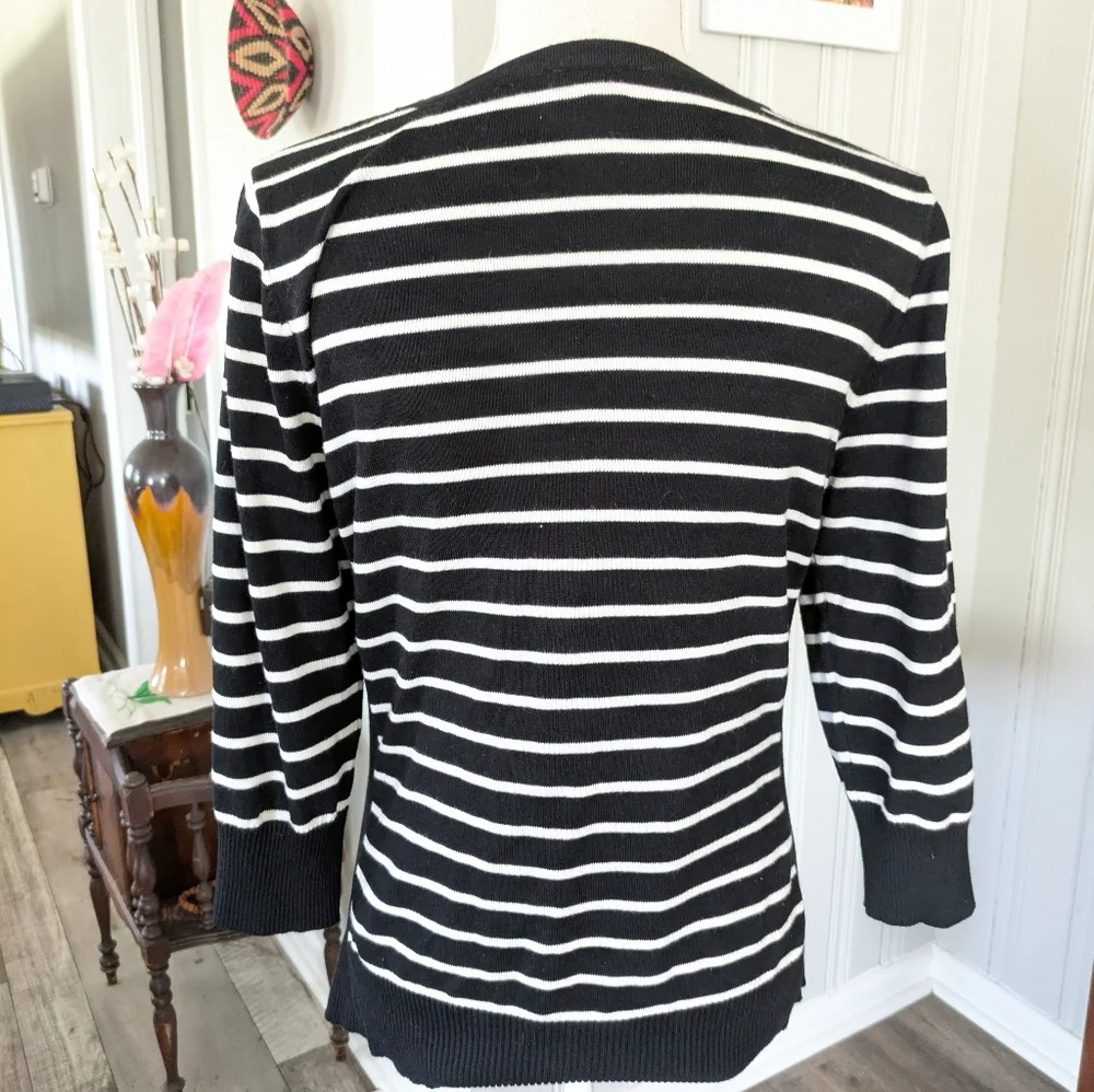 IZ Byer Sweater 3/4 Sleeve Striped‎ Black & White Lace Shoulders Women’s